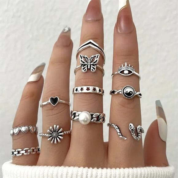 NEW 11pc Silver Stackable Rings, Snake Jewelry, Butterfly Ring, Eye Design - Picture 1 of 5